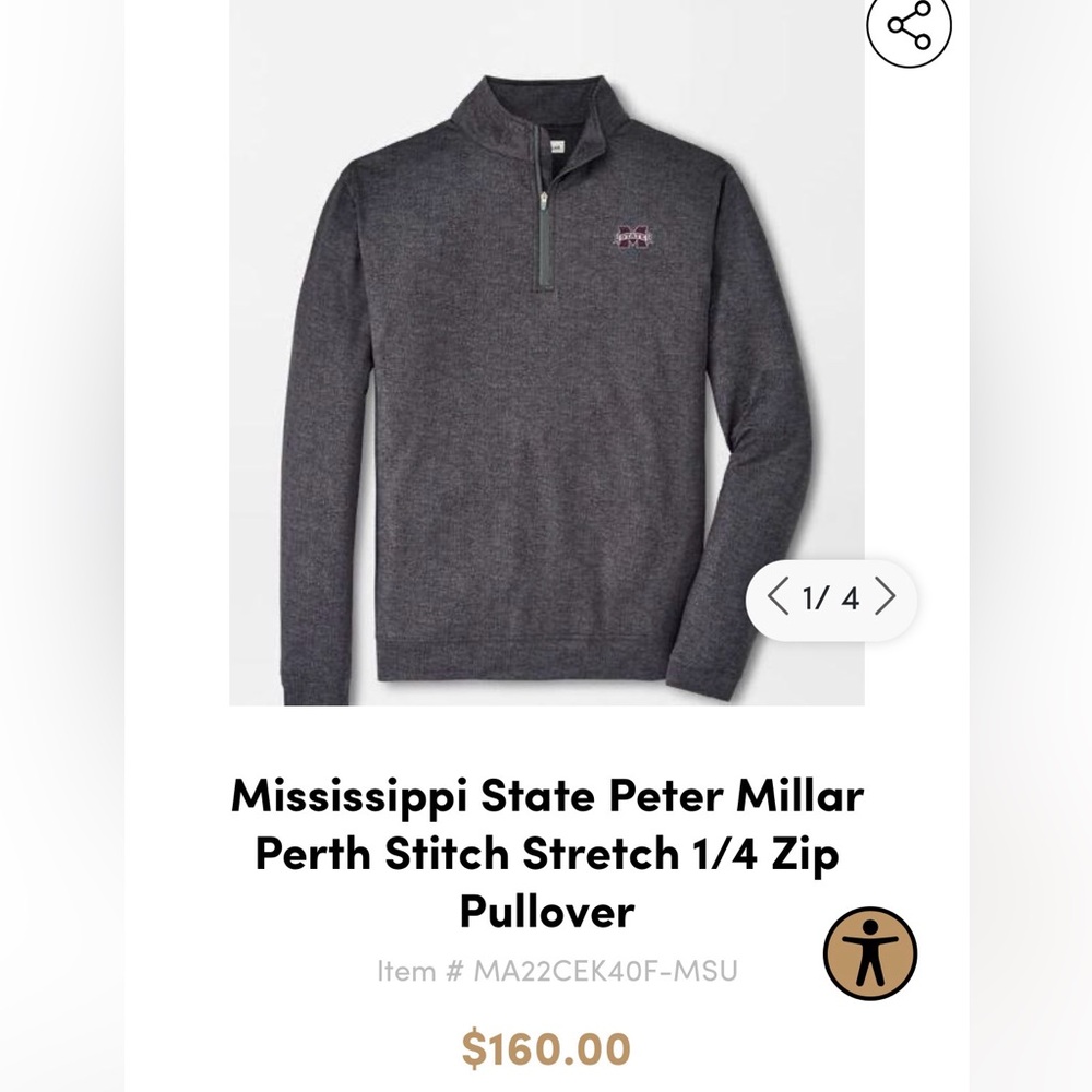 Peter Millar dark grey 1/4 zip pullover, Mississippi State Logo, men’s Large